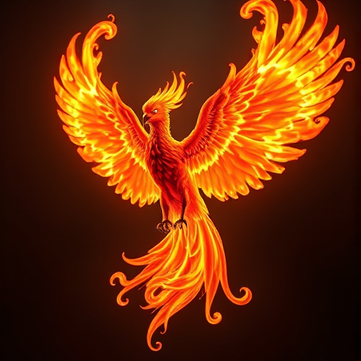 Generate a high-resolution image of a phoenix made of flames, using a Canon EOS R5 camera with a 50mm f/1.2 lens, aperture set to f/8, ISO 100, and shooting from a slightly low angle to emphasize the wings, in a well-lit environment for enhanced color and detail.