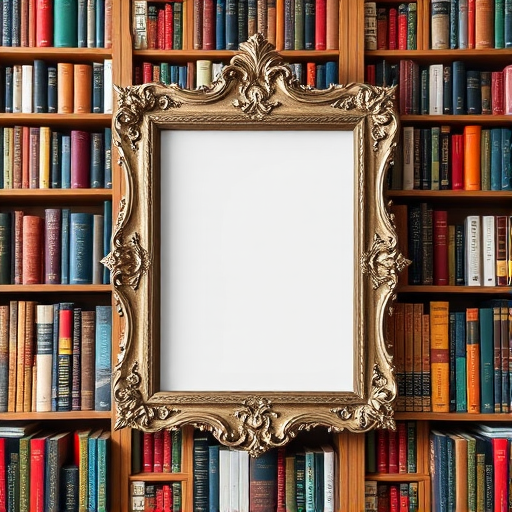 Create an image of a library wall filled with colorful books on shelves, with a large ornate empty picture frame in the center, shot with a Canon EOS 5D Mark IV, 50mm lens, aperture f/2.8, ISO 100, natural lighting, landscape view, high resolution.