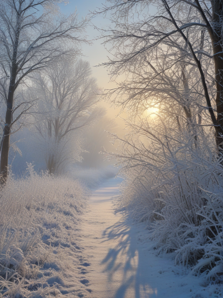 A Serene Winter Morning: Sunlight Filtering Through Frosty Trees and ...