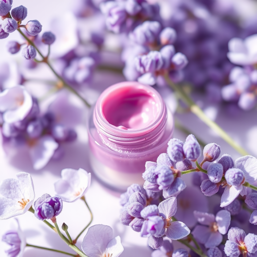 Frosted lavender lip cream "Moonlit Petals" with a soft, whipped texture and delicate pearl sheen, perfect for ethereal and romantic makeup looks, enriched with soothing botanicals