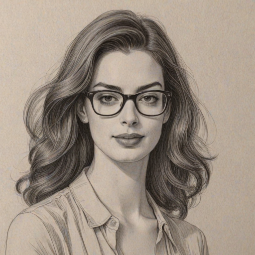 Superb Anne Hathaway, pencil sketch, portrait of Alluring woman 1978s in glasses, hair style beatnik, outline, clear lines, fine lines, 8k