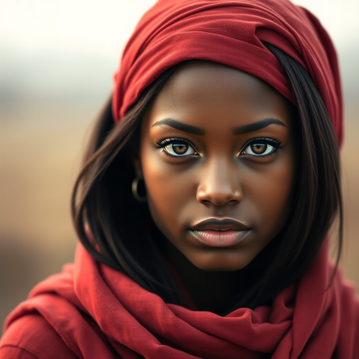 Create a portrait of a young African American woman with long, dark hair and captivating hazel eyes. She is wearing a red headscarf and a matching scarf draped gracefully around her neck. The background is softly blurred, focusing attention on her serene and natural expression. The overall color palette is muted and warm, enhancing the intimate and authentic feel of the portrait.