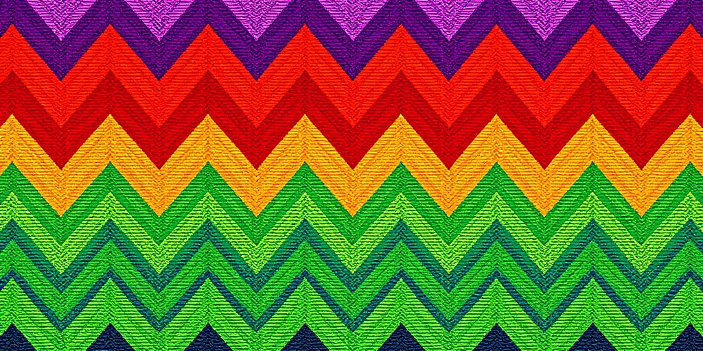 Create a vibrant textile pattern featuring zigzag stripes in multiple colors including purple, red, green, and orange, captured with a Canon EOS R5 using a 50mm f/1.2 lens at ISO 100, aperture f/8, and a shutter speed of 1/200s in natural light for enhanced texture and detail.
