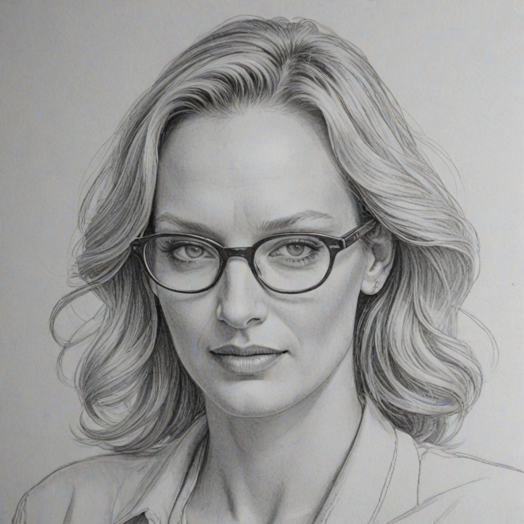Wonderful Uma Thurman, pencil sketch, portrait of Lovely woman 1945s in glasses, hair style beatnik, outline, clear lines, fine lines, 8k