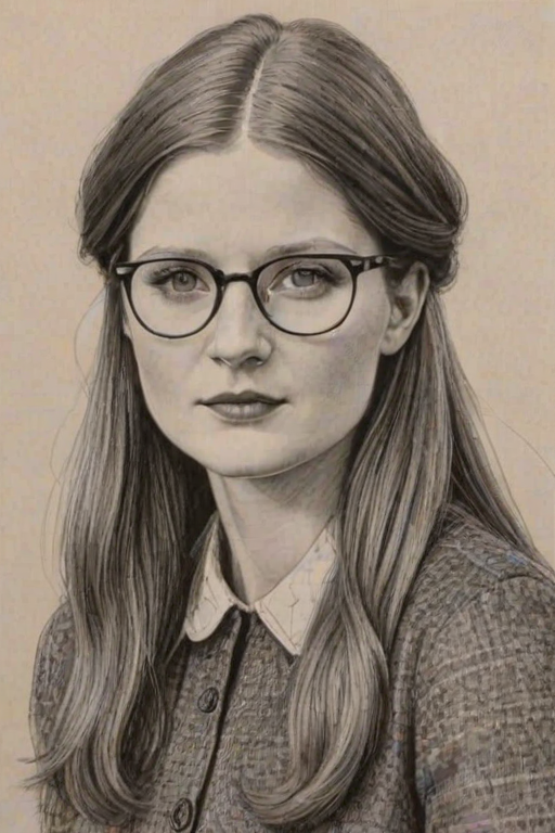Magnificent Bonnie Wright, pencil sketch, portrait of Superb woman 1923s in glasses, hair style beatnik, outline, clear lines, fine lines, 8k