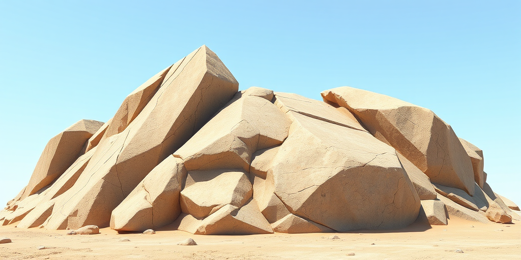 Create a high-definition digital illustration of a stylized rock formation with sharp edges and angular shapes, using a wide-angle lens at f/8 aperture, 1/125 shutter speed, and ISO 100, showcasing the rock under natural sunlight for clear shadows and highlights, captured in a 3D rendering style with a slightly elevated perspective to emphasize depth and texture.