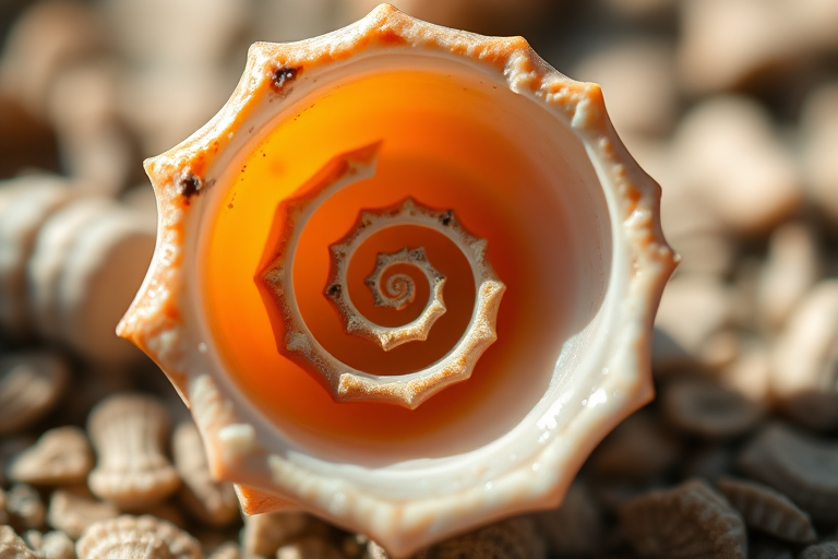 macro shot of a spiraled sea shell with soft natural lighting, f/2.8 aperture, 1/200s shutter speed, ISO 100, shooting from a 50mm lens, shallow depth of field, focus on the shell's intricate details