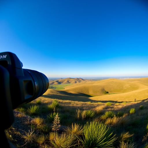 Capture a high-resolution image of a serene landscape featuring rolling hills under a clear blue sky, using a DSLR camera with a 50mm lens, aperture set to f/1.8 for a shallow depth of field, ISO 100 for optimal light quality, and a panoramic view to enhance the scenic beauty.
