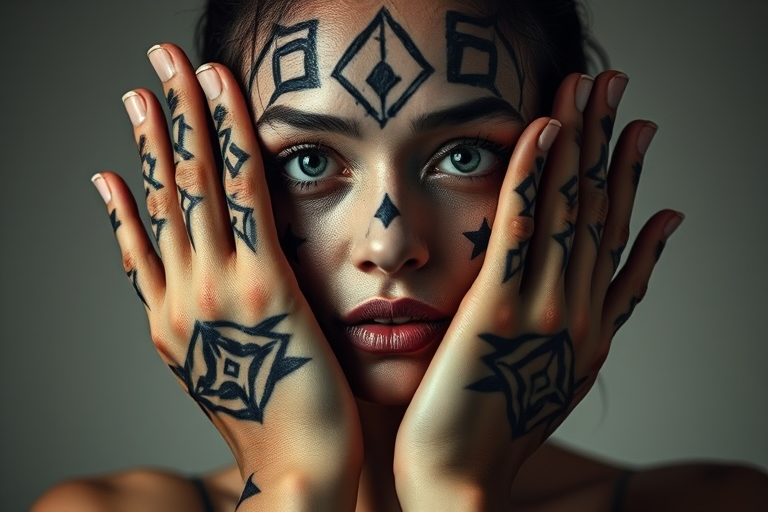 portrait of a woman with intricate black and white geometric patterns on her face and hands, dramatic lighting, 85mm lens, f/1.8 aperture, ISO 100, low angle shot, studio lighting, digital photography
