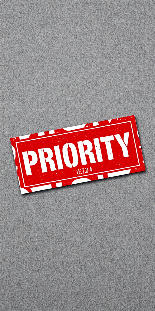 Create an image of a bold red stamp with the word PRIORITY in a distressed font, using a Canon EOS R5 with a 50mm f/1.8 lens, aperture set to f/2.8, shutter speed at 1/100s, ISO 200, captured from a top-down view, styled as a high-resolution digital graphic.