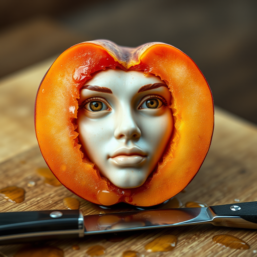 A hyperdetailed photorealistic macro color saturated high resolution image of a peach cut in half, with the peach pit being a highly detailed sculpted woman's face with her eyes open and peach-colored irises. The face has a marble texture. The image includes condensation, moisture, and peach juice. The peach is on a wooden cutting board with a small fruit knife nearby, also covered with juice.