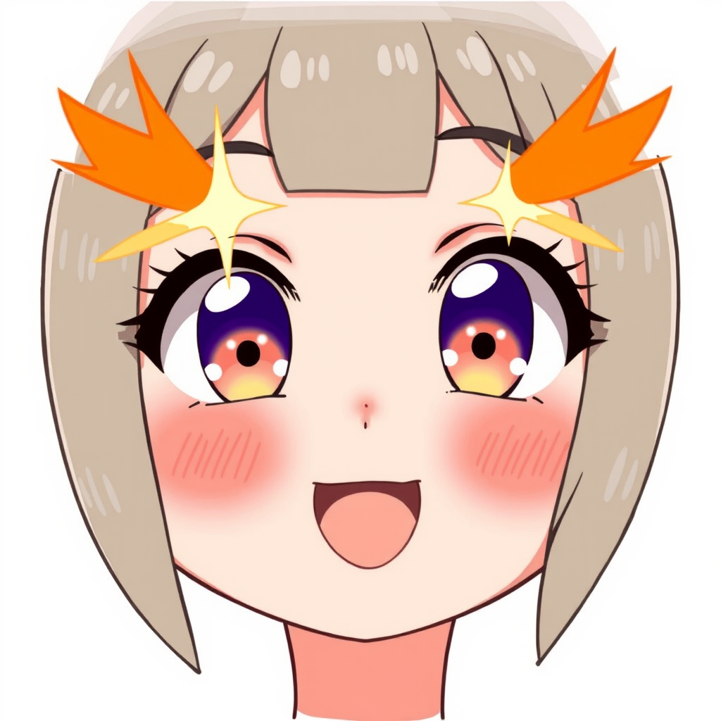 Create an illustration of a cute anime face with large, sparkling eyes featuring orange highlights. The face should have rosy cheeks and convey a joyful, lively expression. The style should be bright and cheerful, capturing the essence of kawaii art.
