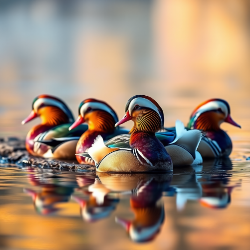 Regenerate an image of a group of mandarin ducks resting by the water's edge with vibrant colors reflecting on the surface of the pond, taken with a Canon EOS 5D Mark IV, 85mm lens, aperture f/4, shutter speed 1/200s, ISO 200, soft focus background for depth.