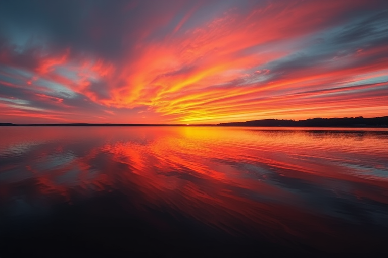 Generate an image of a serene sunset over a calm lake, with vibrant orange and pink hues in the sky reflecting on the water, using a DSLR camera, focal length of 35mm, aperture f/11, ISO 100, and a wide-angle lens for an expansive view.