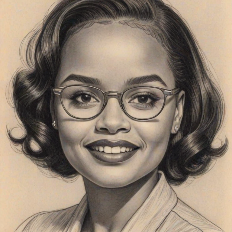 Ravishing Kyla Pratt, pencil sketch, portrait of Bewitching woman 1952s in glasses, hair style beatnik, outline, clear lines, fine lines, 8k