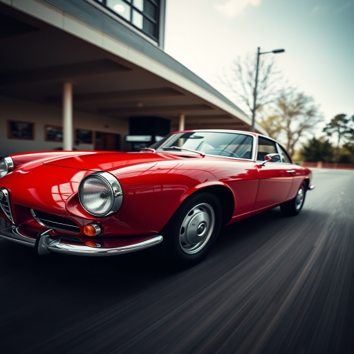 Capture a dynamic angle of a classic Alfa Romeo TZ2 in a well-lit environment, using a DSLR camera, 50mm lens, aperture f/1.8 for shallow depth of field, ISO 100 for clarity, and a shutter speed of 1/250s for crisp motion details.