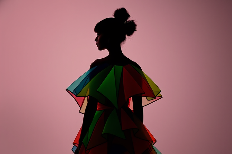 Create a high-resolution image of a silhouette wearing a colorful, multi-layered dress composed of triangular patterns in various vibrant colors, using a Canon EOS 5D Mark IV camera, 50mm lens, f/1.8 aperture, ISO 100, and a soft focus background to enhance the subject.