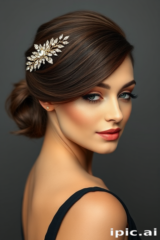 Sophisticated French twist in rich espresso brown, adorned with a jeweled hair comb and sleek side-swept bangs, radiating refined grace and poise