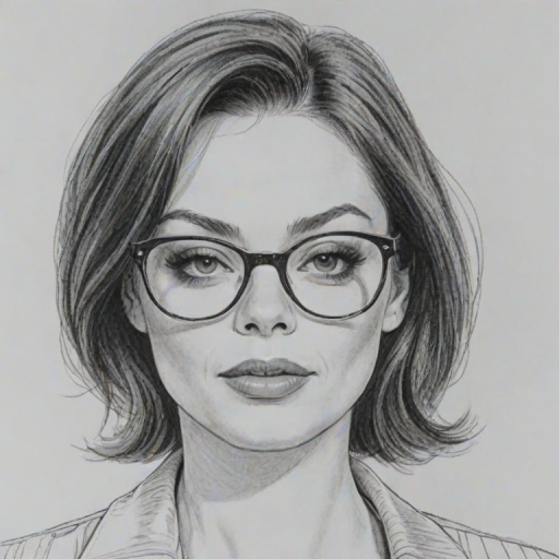 Ravishing Rose McGowan, pencil sketch, portrait of Enticing woman 1964s in glasses, hair style beatnik, outline, clear lines, fine lines, 8k
