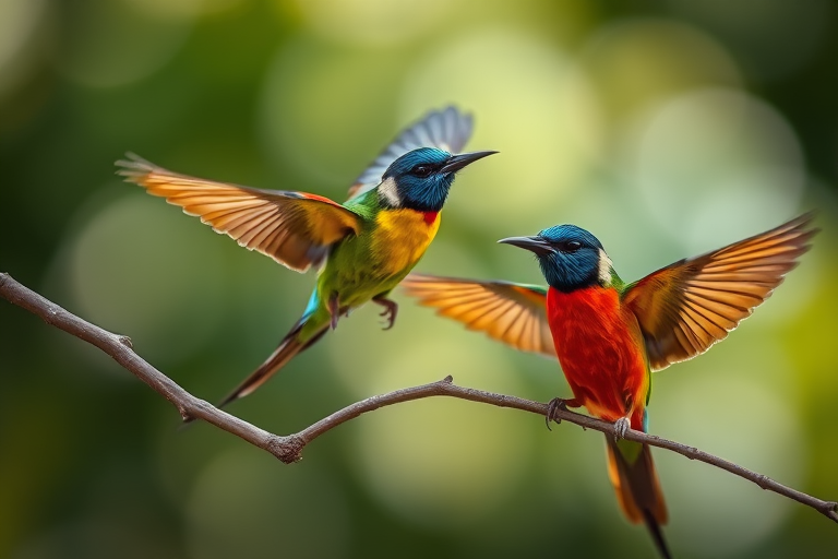 Capture two colorful birds in mid-flight while playing on a branch, using a Canon EOS R5 camera with a 70-200mm f/2.8 lens, aperture set to f/4, shutter speed at 1/2000 sec, ISO 400, in natural light with a soft-focus background for enhanced depth.