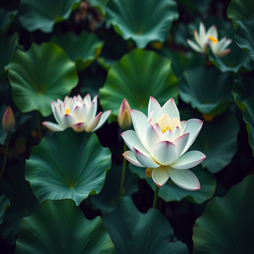 Capture a vibrant lotus plant in full bloom with lush green leaves and white flowers, using a DSLR camera with a 50mm lens, aperture set to f/2.8 for depth of field, ISO 100 for clarity, and a shallow focus to enhance the detail against a soft background.