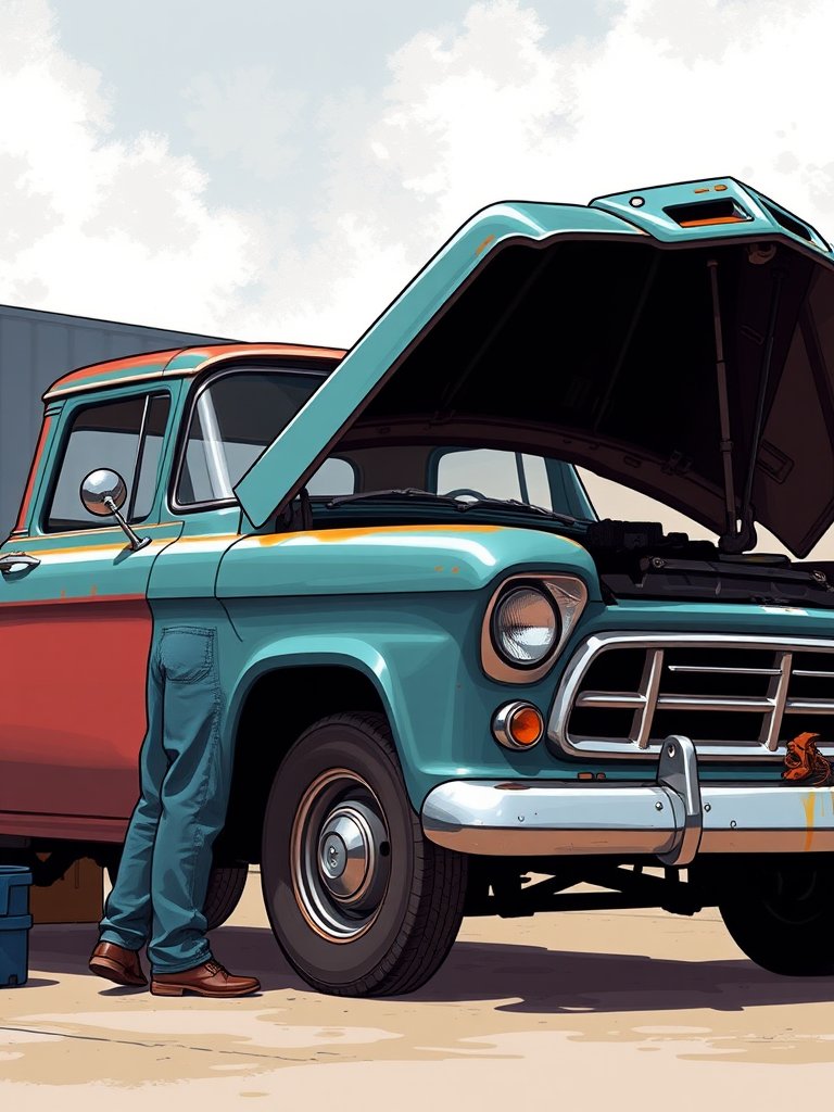 Create a high-resolution illustration of a mechanic working on a vintage pickup truck with the hood raised, camera settings: ISO 100, aperture f/5.6, shutter speed 1/250s, camera view: side profile, camera style: realistic, camera type: digital DSLR.