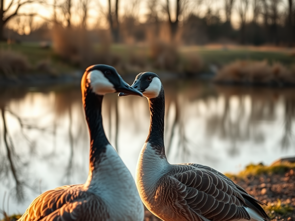 Capture a close-up of two Canada geese standing near a pond with reflections in the water, using a Canon EOS 5D Mark IV, with a 200mm lens, aperture f/4, ISO 200, natural lighting at golden hour for soft illumination and rich colors.