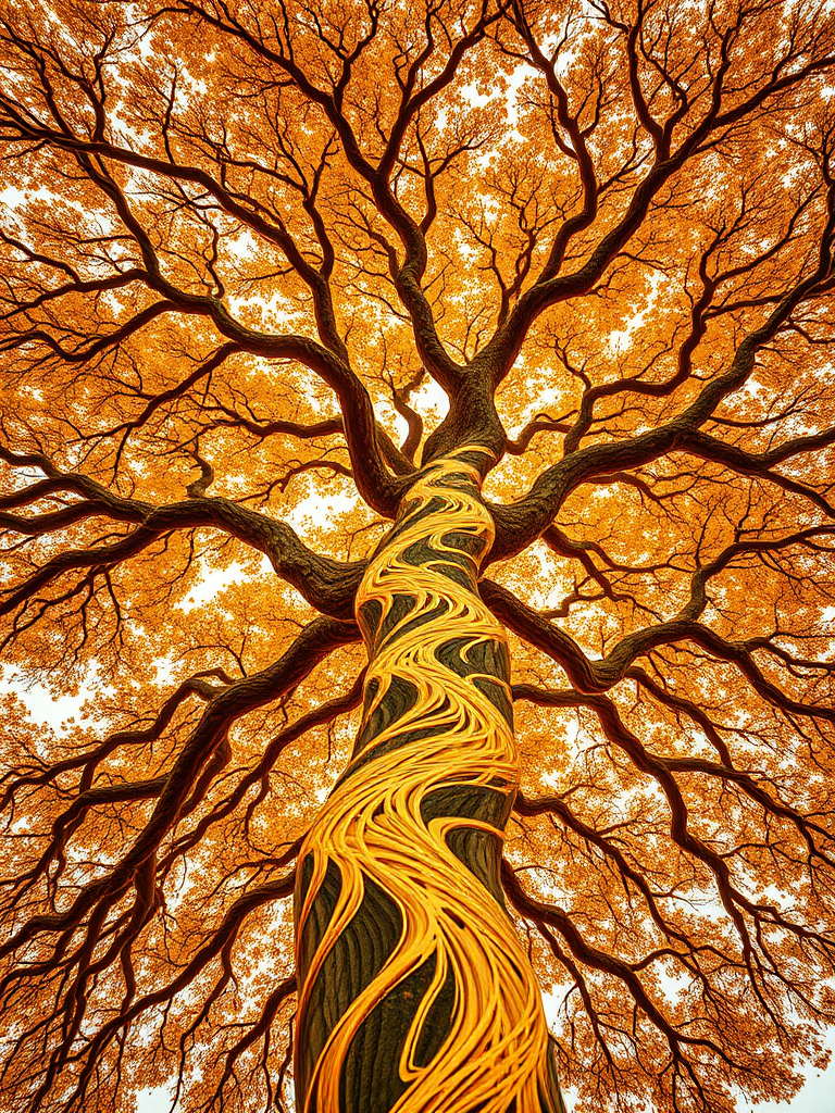 Create an intricate fractal design of a golden tree with swirling patterns and textures, captured with a Canon EOS R5, 50mm lens, f/2.8 aperture, ISO 100, and a low-angle view to emphasize depth and detail.