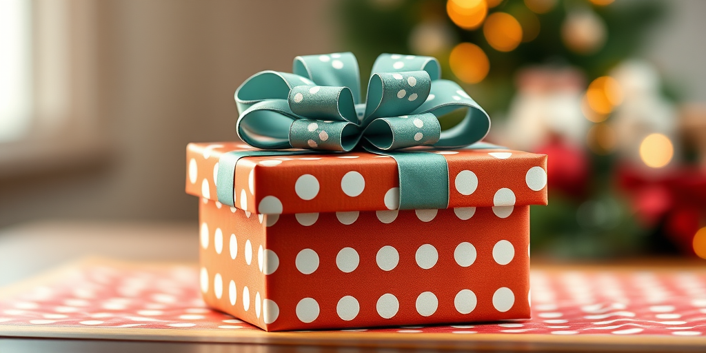 Create a highly detailed illustration of a gift box with a large bow on top, featuring a polka dot design, using a DSLR camera with a 50mm lens, aperture set to f/2.8 for shallow depth of field, ISO 100, and a soft natural lighting setup to enhance the colors and textures of the wrapping paper.