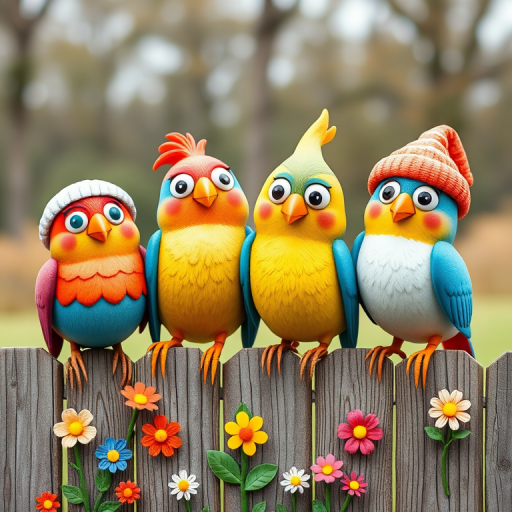 create a scene of 4 quirky  whimsical colourful comical birds each with a funny expression. they are sat on a wooden fence with colourful flowers. they are all different sizes. each one is a different colour  one is wearing a woolly hat. Each one has a different quirky google expression and there is a muted background of trees watercolour paintierly style high definition 8k resolution 3D paper mache