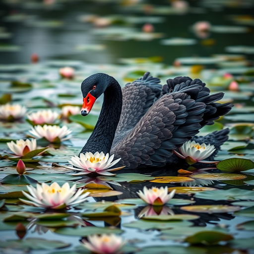 Capture a detailed image of a black swan gracefully spreading its wings amidst blooming water lilies on a serene water surface, shot with a full-frame DSLR camera, f/2.8 aperture, 1/250s shutter speed, ISO 200, using a shallow depth of field for a soft blurred background effect.