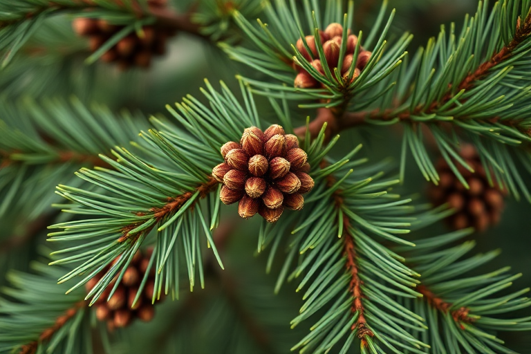 close-up shot of pine tree branches with pine cones and vibrant green needles, taken with a Canon EOS 5D Mark IV, 50mm lens, aperture f/2.8, ISO 100, natural light, shallow depth of field, macro photography style