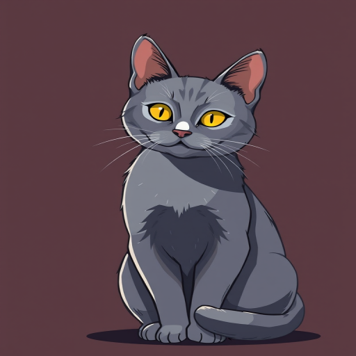 Create a high-resolution illustration of a stylized gray cat with yellow eyes sitting upright, using a soft focus lens at f/4, 50mm focal length, in natural daylight for enhanced color vibrancy and clarity.