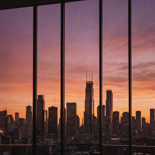 Sharp, high-contrast image of a city skyline at sunset, the buildings silhouetted against a vibrant orange and pink sky, soft light reflecting off the glass windows, distant cars and pedestrians moving through the streets below, a sense of urban energy captured.