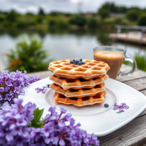 A close-up shot of a stack of homemade waffles on a white plate adorned with purple lilacs, next to a clear glass cup of frothy coffee, set against a serene backdrop of water and greenery, taken with a DSLR camera at f/2.8 aperture, 50mm lens, ISO 100, natural light, with a soft focus on the waffles to enhance texture and detail.