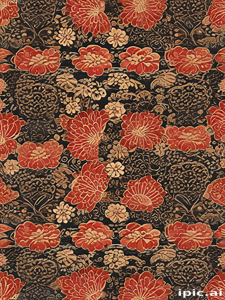 Vibrant Floral Pattern Featuring Rich Red and Gold Elements on Dark ...