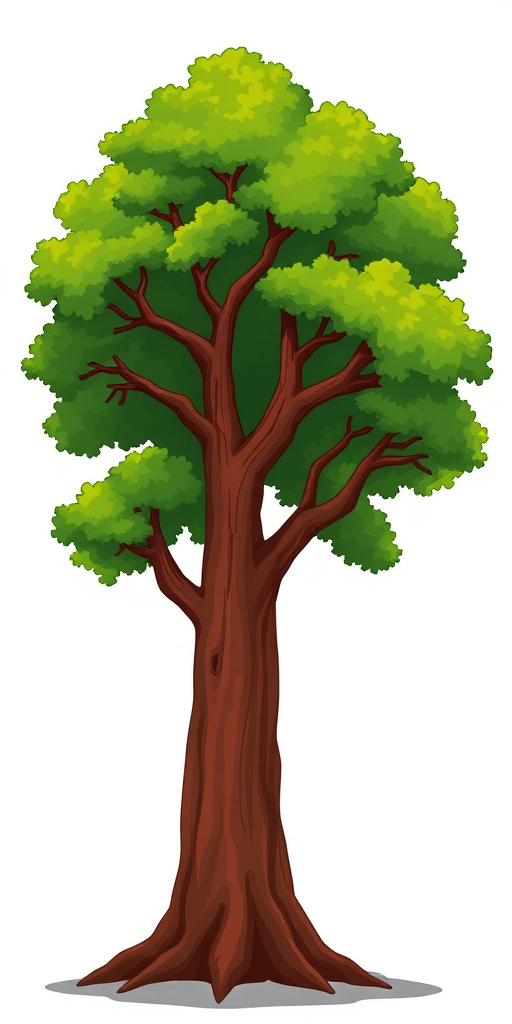 Create a detailed vector illustration of a stylized tree with a thick brown trunk and a vibrant green canopy, using a high-resolution setting of 300 DPI, shot from a slightly elevated angle to showcase its full form, in a digital art style with rich colors and smooth gradients.