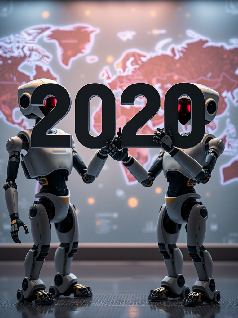 Create a futuristic scene featuring humanoid robots holding up the year 2020, with a global map in the background, shot with a DSLR camera at 50mm focal length, f/2.8 aperture, ISO 100, in a well-lit environment to enhance details and colors.