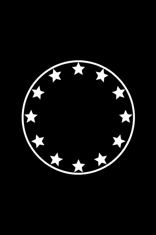 Create a high-resolution graphic of a circular logo with a white outline and stars evenly spaced around it, centered on a solid black background, using a DSLR camera, 50mm lens, f/8 aperture, 1/125s shutter speed, and ISO 100 for optimal clarity.