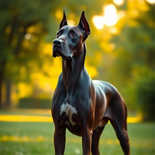 Generate a high-resolution image of a great dane standing elegantly in a lush green park during golden hour, captured with a Canon EOS R5, ISO 100, f/2.8 aperture, 50mm lens, shallow depth of field, and a slight angle view to showcase its profile.