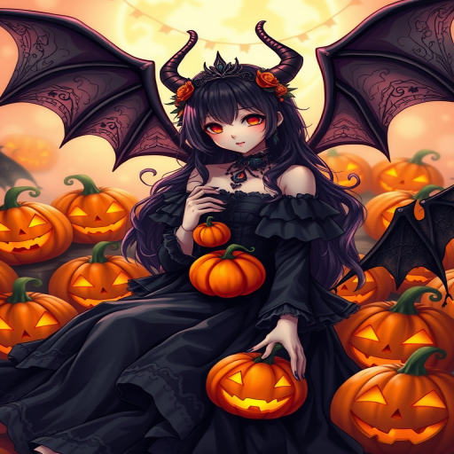 Create a highly detailed illustration of a gothic-themed character with bat wings and a dark dress adorned with pumpkins, surrounded by glowing jack-o'-lanterns, shot with a DSLR camera at 50mm, f/1.8 aperture, ISO 100, in soft natural lighting, emphasizing vibrant colors and intricate details.