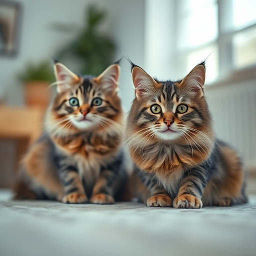 Regenerate an image of two Maine Coon cats in a well-lit indoor setting with a shallow depth of field, using a DSLR camera with a 50mm lens at f/1.8, ISO 100, and a shutter speed of 1/200s.