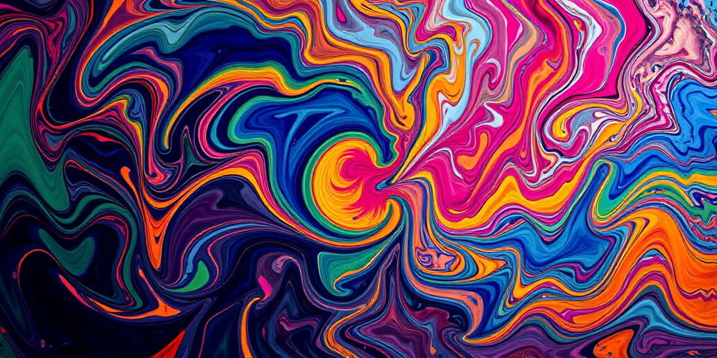 Generate a vibrant abstract artwork featuring swirling colors and shapes, captured with a DSLR camera at f/8 aperture, ISO 200, 50mm lens, in a top-down view with high saturation and clarity.