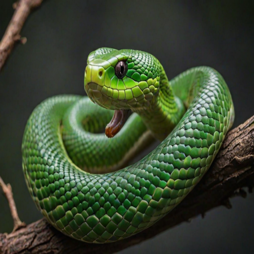 Create a close-up, detailed image of a vibrant green snake coiled on a branch, showcasing its scales and texture with a dark, blurred background.