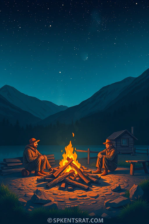 Generate an illustration of a tranquil campsite at night with a central campfire, surrounded by three men in rustic clothing, a small wooden cabin nearby, mountains in the background, and a starry sky above, using a DSLR camera with an aperture of f/2.8, ISO 400, a 24mm lens, and a low angle view to capture depth and detail in the scene.