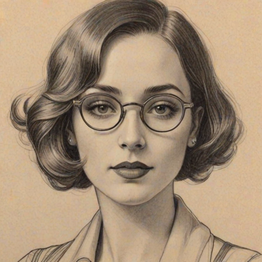 Resplendent Alana Austin, pencil sketch, portrait of Stunning woman 1920s in glasses, hair style beatnik, outline, clear lines, fine lines, 8k