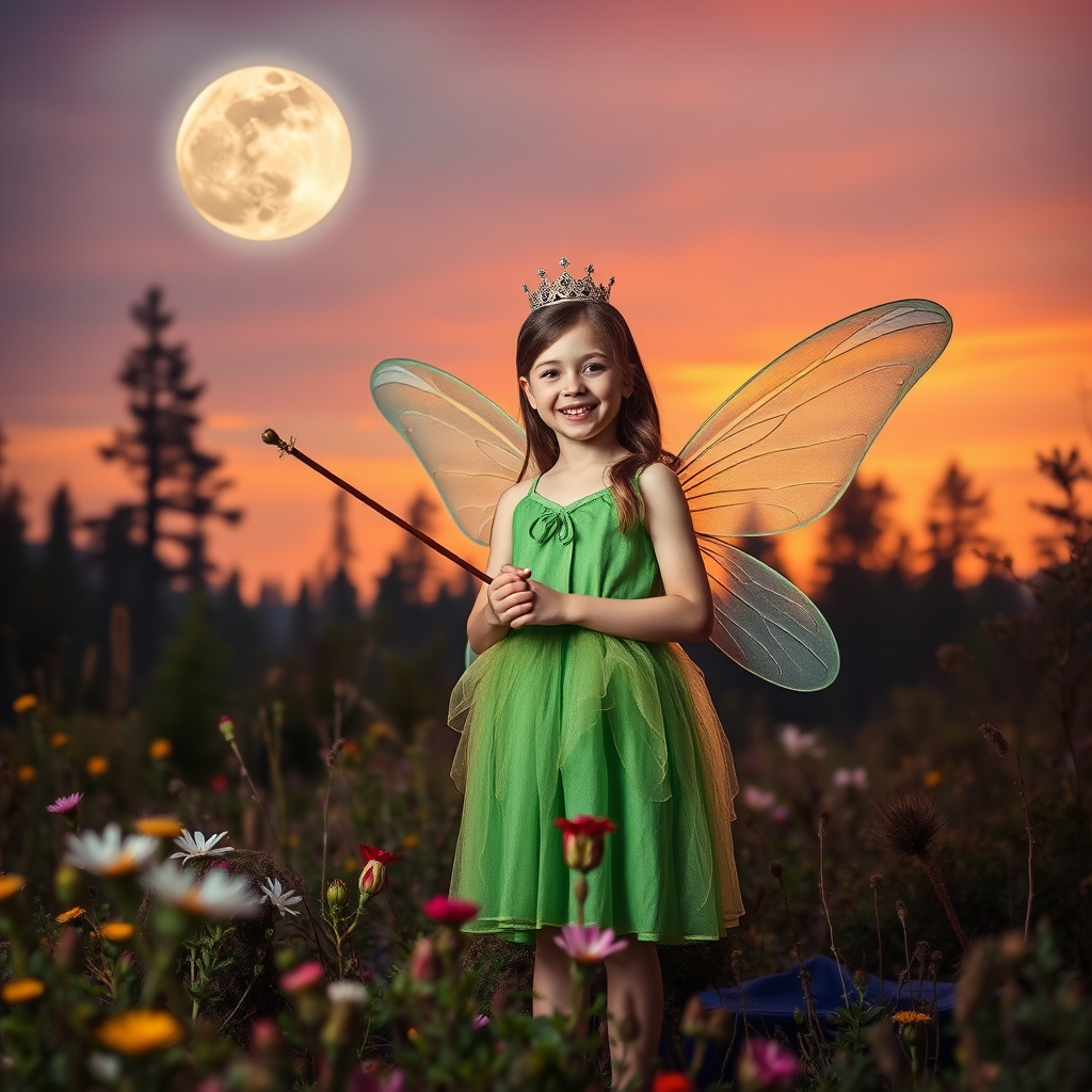 A vivid photo  taken under a bright camera flash of a fantastical scene set against a backdrop of a forest during sunset. The main subject is a girl dressed as a fairy, adorned with translucent wings and a green dress, holding a wand, her face is happy, and she wears a crown on her head. The forest behind her is a blend of flowers, shrubs and trees. The sky is painted in hues of orange and pink, with a large, glowing moon casting a warm glow over the scene. The overall color palette is dominated by earthy tones.
