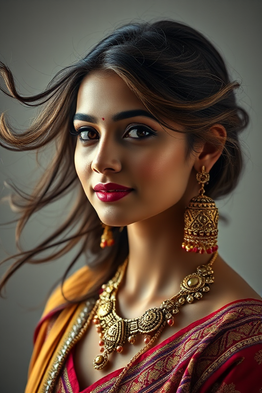 portrait of a beautiful woman with flowing hair and traditional jewelry, soft lighting, 50mm lens, f/1.8 aperture, 1/125s shutter speed, DSLR camera, studio shot, high resolution