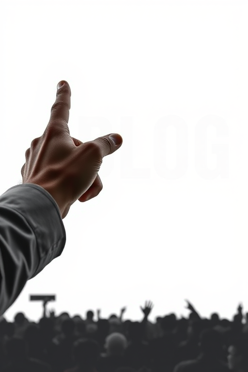 Create an image of a hand pointing at the word "BLOG" in large, bold white letters on a plain white background with a silhouette of a crowd below; use a DSLR camera with a 50mm lens, aperture set to f/2.8, ISO 100, and a shallow depth of field for enhanced focus and clarity.