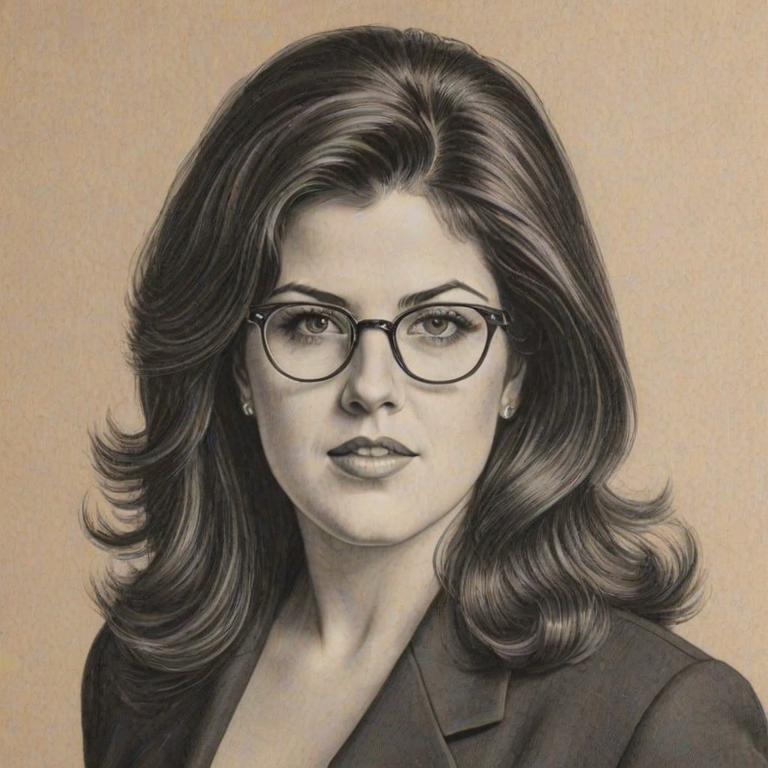 Gorgeous Monica Lewinsky, pencil sketch, portrait of Superb woman 1950s in glasses, hair style beatnik, outline, clear lines, fine lines, 8k